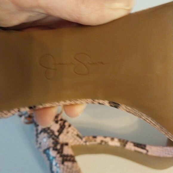 Jessica Simpson Chunky High Heels Sz 9.5M Pink Snakeskin Open Toe Ankle Tie Wild - Picture 8 of 12